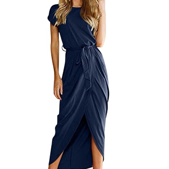 Amazon Women's Casual Short Sleeve Slit Solid Party Summer Long Maxi Dress - Picture 1 of 5